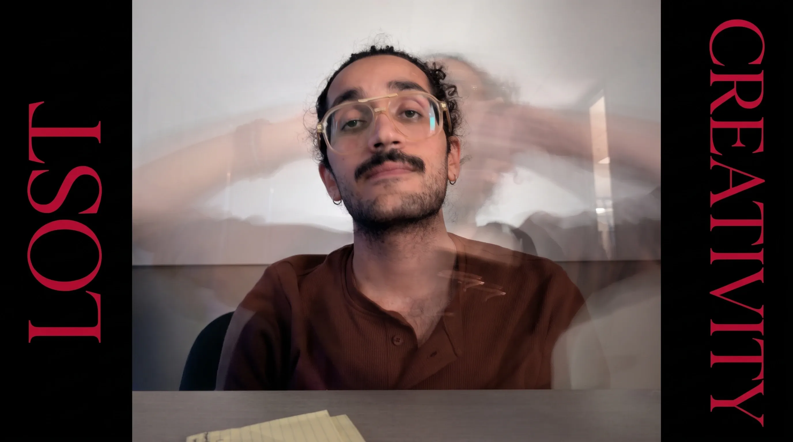 A motion-blurred portrait at a desk, between the words Lost and Creativity