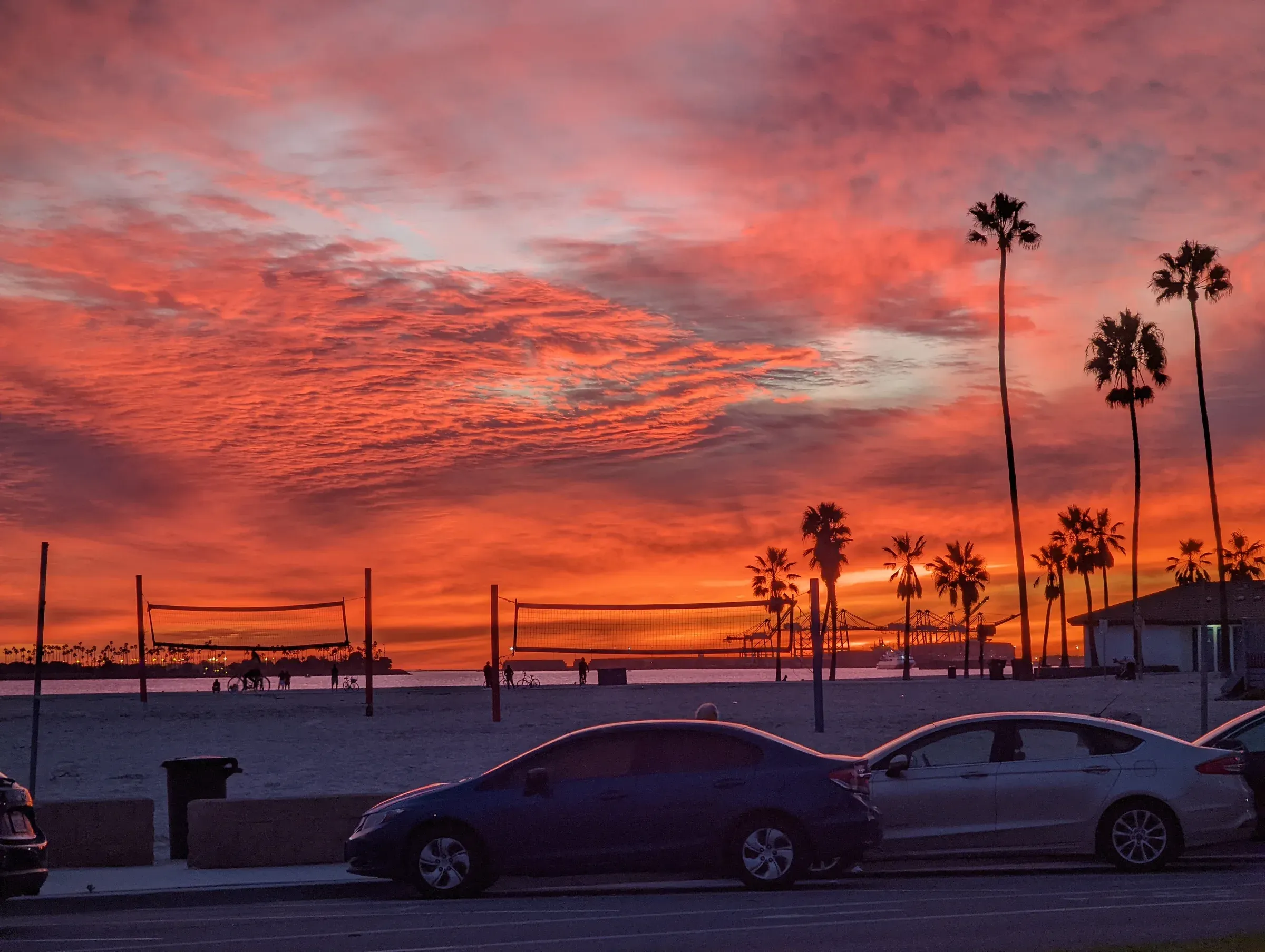 Palm trees and empty volleyball nets on the beach under a red and orange sunset, with cars parked along the road